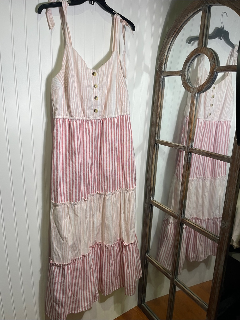 True Craft Pink & White Striped Tiered Tie-Shoulder Maxi Dress